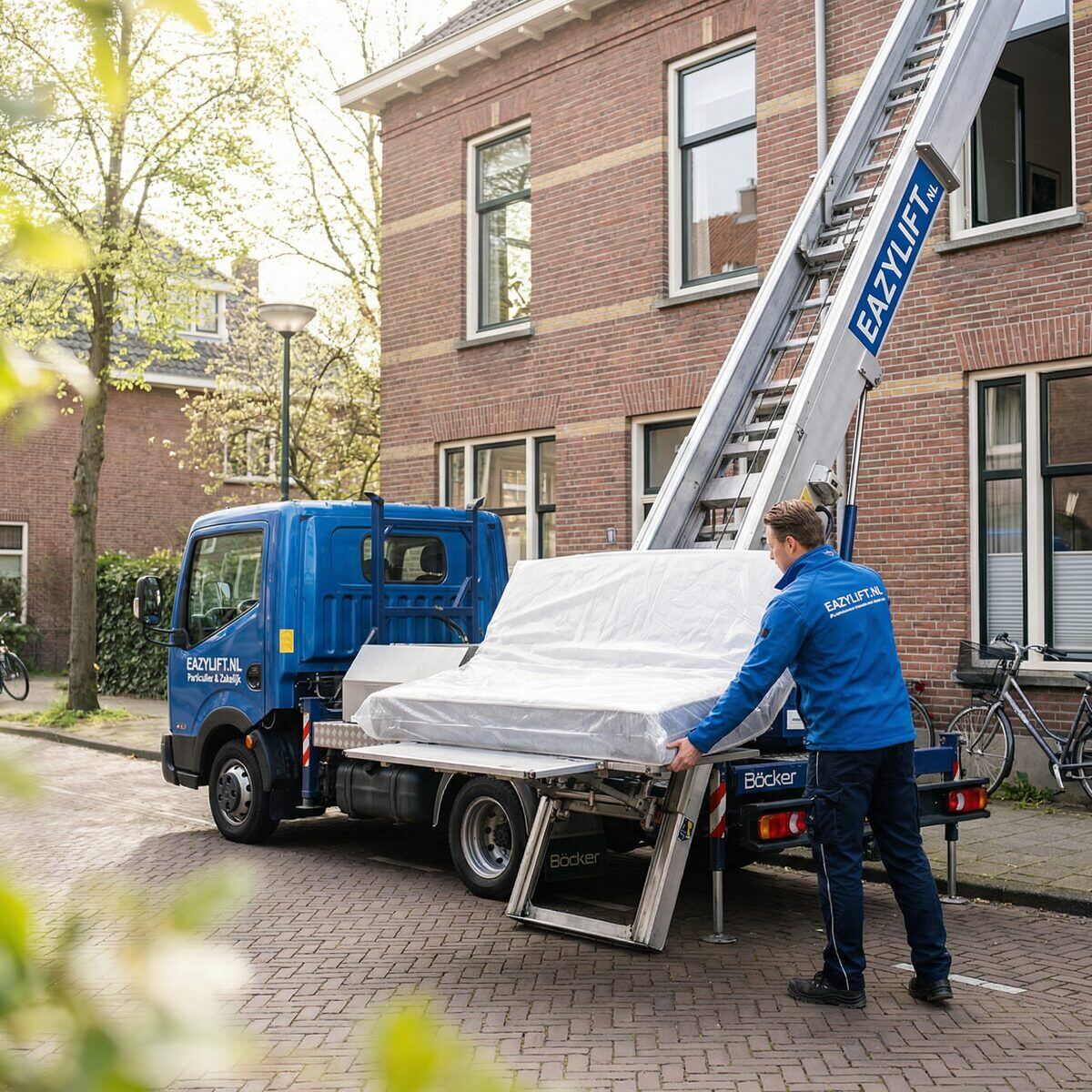 Pannenlift met operator op de bouwplaats