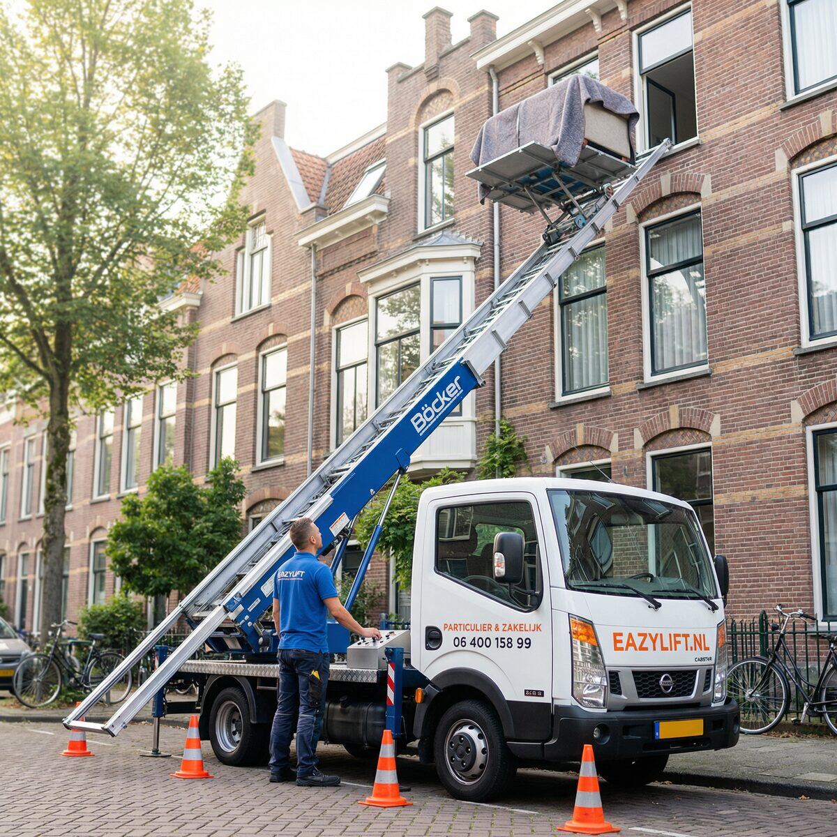 Dakdekker werkt met pannenlift op hellend dak
